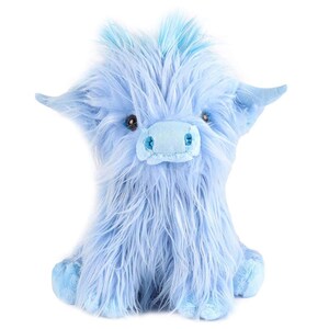 May include: A light blue plush Highland cow stuffed animal with long, shaggy fur. The toy has small, dark eyes, a light blue snout, and small ears. The cow is sitting upright, with its legs tucked beneath it.