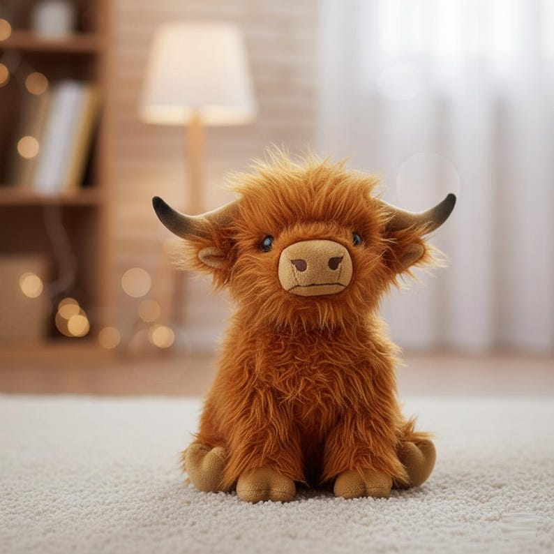 May include: A plush Highland cow toy with shaggy, reddish-brown fur. The stuffed animal has small, curved horns, a tan snout, and is sitting on a white carpet. The toy is designed to resemble a Highland cow.