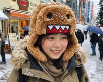 Anime Cartoon Embroidered Trapper Cap with Ear Flaps, Windproof Plush Headwear Alien Hat