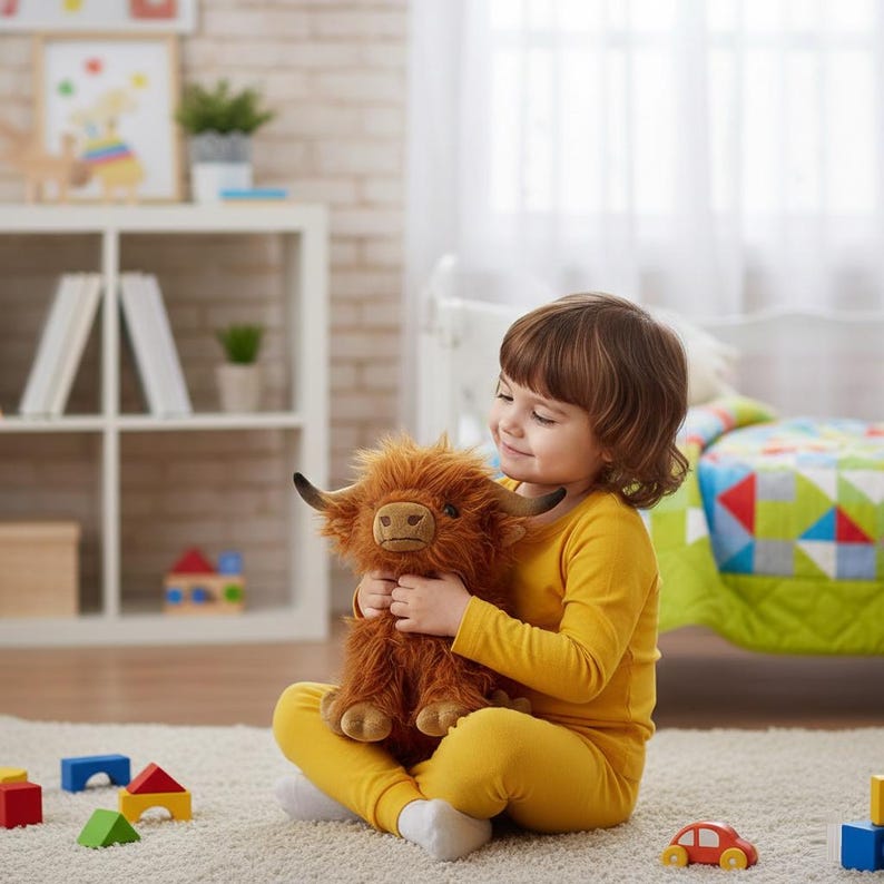 May include: A plush brown Highland cow toy with curved horns and a soft, furry texture. The stuffed animal is being held by a child wearing a yellow outfit, sitting on a light-colored rug. The toy is designed for children.