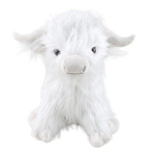 May include: A plush white Highland cow toy with a fluffy, shaggy coat. The stuffed animal has small, curved horns, a soft snout, and dark eyes. The toy is sitting upright, with its legs extended.