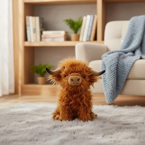 May include: A plush Highland cow toy with shaggy, reddish-brown fur, dark horns, and a soft, tan snout. The stuffed animal is sitting on a gray rug. The background includes a wooden bookshelf, a cream-colored sofa, and a blue blanket.