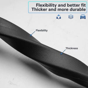 Puede incluir: Un material negro y texturizado para funda de volante con un dise&ntilde;o retorcido. El texto en la imagen dice: Flexibility and better fit, Thicker and more durable, Flexibility y Thickness. Se incluyen iconos de conexi&oacute;n, capas y un coche.