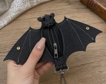 Bat Coin Purse with Keychain, PU Leather Gothic Mini Wallet, Foldable Wings Zipper Pouch