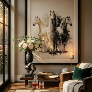 May include: A framed artwork featuring three horses in shades of white and gray. The artwork hangs above a dark wood table with a decanter, glasses, and books. A vase of flowers, a candle, and a velvet pillow complete the scene.