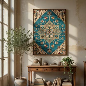 May include: A framed, rectangular rug with a teal and beige geometric pattern hangs above a wooden console table. The table holds books, pottery, and a potted plant. A small olive tree in a large pot stands to the left.