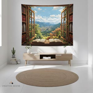 May include: A tapestry depicting an open window with a scenic view of a valley and mountains. The window frame is made of wood, with bookshelves on either side. Open books rest on the windowsill. The scene is vibrant with green and autumn colors.