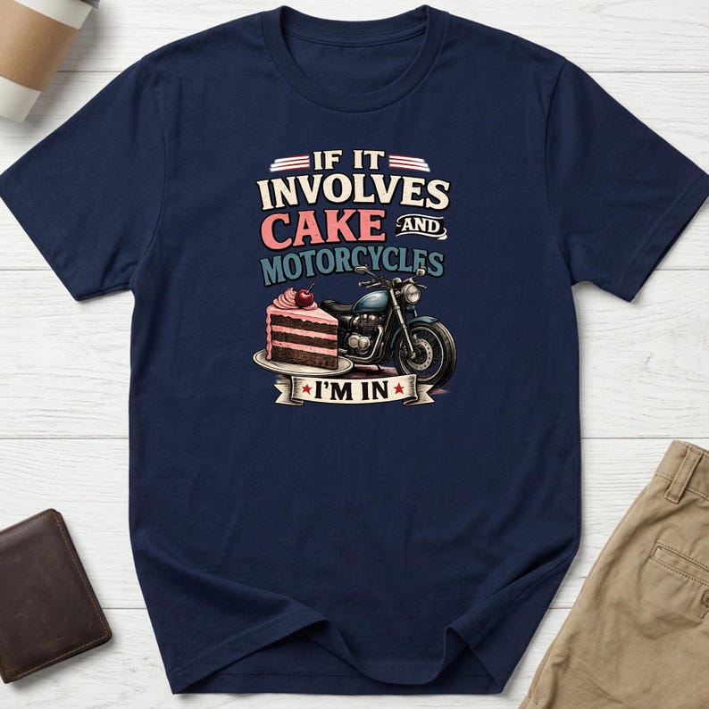 Cake and Motorcycles T-Shirt – Biker Life Tee, Sweet Tooth Rider Shirt Navy