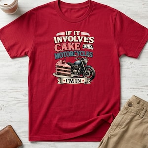 Cake and Motorcycles T-Shirt – Biker Life Tee, Sweet Tooth Rider Shirt Red