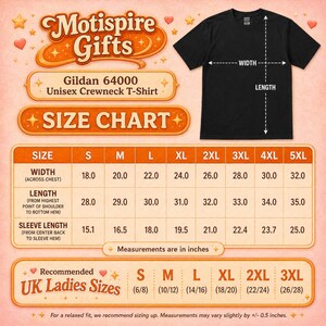 May include: A black crewneck t-shirt size chart featuring the text Motispire Gifts, Gildan 64000, and Size Chart. The table displays width, length, and sleeve length measurements in inches for sizes S through 5XL, plus UK ladies size conversions.