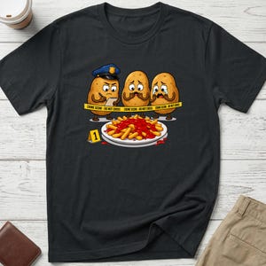 Funny Chips Crime Scene T-Shirt, Potato Cartoon Tee, Foodie Pun Shirt, Funny Gift for Potato Lover, Ketchup Graphic Tee, Humorous Food Shirt
