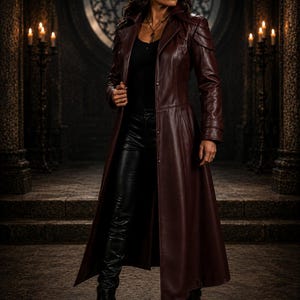 Women’s Burgundy Leather Trench Coat – Long Gothic Leather Duster Jacket with Shoulder Armor