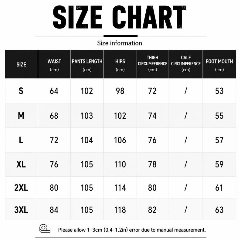 Pode incluir: Uma tabela de tamanhos com o t&iacute;tulo "SIZE CHART" em letras pretas em negrito. A tabela inclui informa&ccedil;&otilde;es de tamanho para cintura, comprimento da cal&ccedil;a, quadris, circunfer&ecirc;ncia da coxa, circunfer&ecirc;ncia da panturrilha e boca do p&eacute;, tudo em cm.