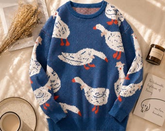 Oversized Goose Knit Sweater, Cozy Animal Pattern Jumper, Korean Casual Baggy Pullover