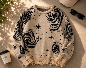Galaxy Knit Sweater, Distressed Grunge Pullover, Oversized Y2K Jumper