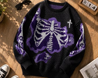 Oversized Skeleton Knit Sweater, Y2K Goth Grunge Pullover, Alt Harajuku Jumper