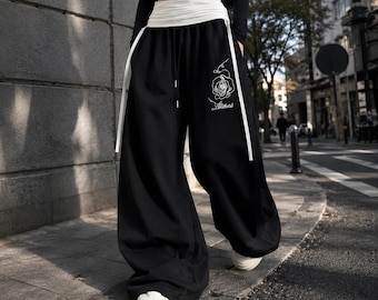 Y2K Baggy Sweatpants Women, Wide Leg Rose Graphic Joggers, Streetwear Lounge Pants