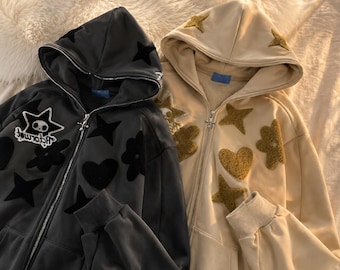 Y2K Star Zip Hoodie, Oversized Korean Streetwear, Grunge Acubi Style Sweatshirt