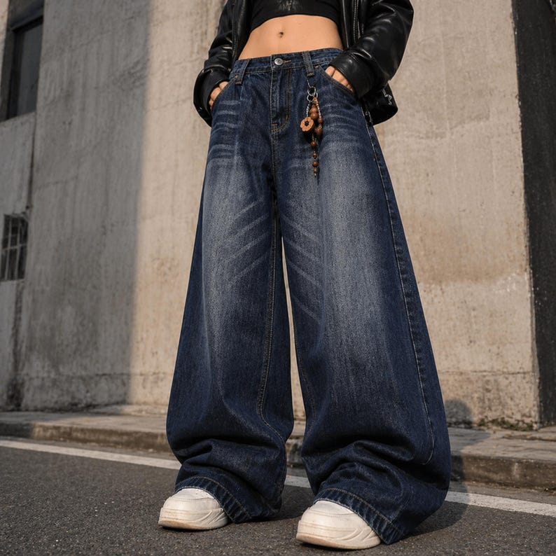 Pode incluir: Jeans de ganga azul escuro de perna larga. Os jeans t&ecirc;m cintura alta e um ajuste descontra&iacute;do, com um efeito desbotado na frente. A modelo est&aacute; usando t&ecirc;nis brancos. Um pequeno pingente pende do passador do cinto.