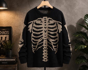 Oversized Skeleton Knit Sweater, Y2K Goth Grunge Streetwear Jumper