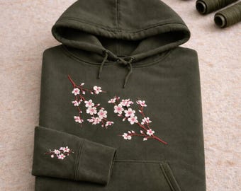 Moletom com capuz bordado com sakura, estilo streetwear japonês com estampa floral de flor de cerejeira.