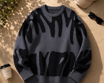 Oversized Abstract Knit Sweater, Y2K Grunge Goth Streetwear Jumper