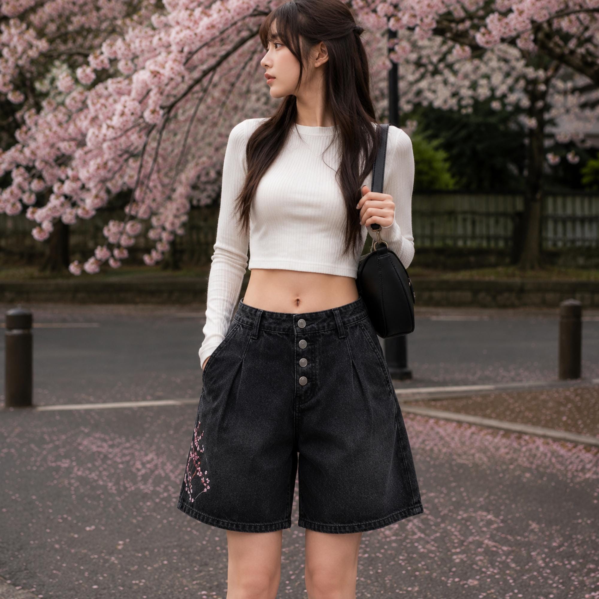Y2K Sakura Jorts Baggy Denim Shorts, Japanese Streetwear Wide Leg