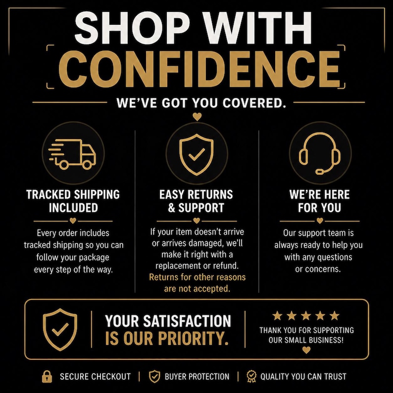 May include: A black graphic with gold text that reads "SHOP WITH CONFIDENCE" and "WE'VE GOT YOU COVERED." The image highlights tracked shipping, easy returns, and customer support. It also states "YOUR SATISFACTION IS OUR PRIORITY."
