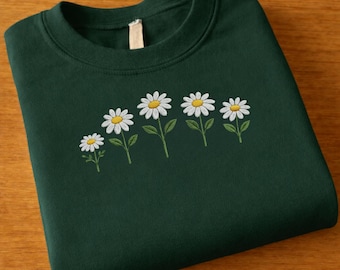 デイジー刺繍スウェットシャツ ミニマルフローラル ユニセックス クルーネック ギフト