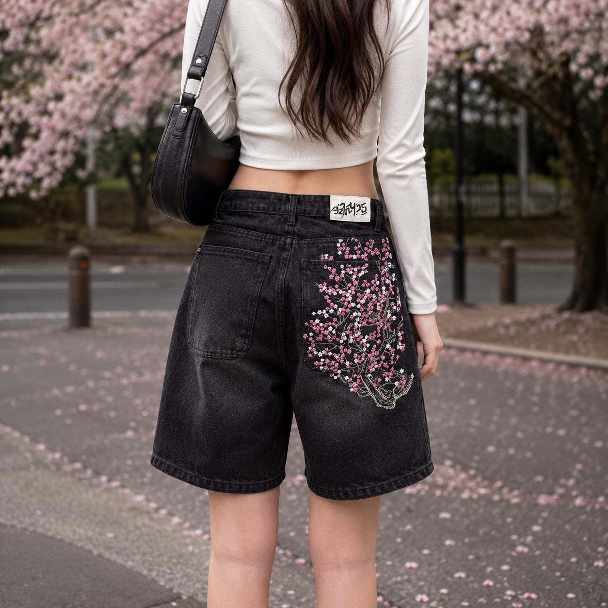 Y2K Sakura Jorts Baggy Denim Shorts, Japanese Streetwear Wide Leg