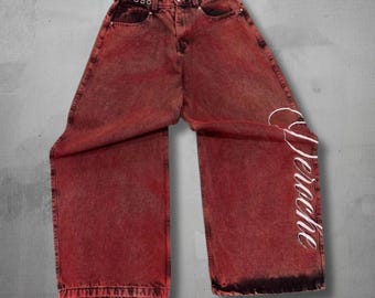 Washed Red Wide Leg Pants, Y2K Oversized Streetwear Trousers, Grunge Korean Fashion