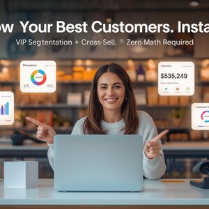 May include: A woman smiles while pointing at a laptop. The text above reads "Know Your Best Customers. Instantly." Floating graphics display data visualizations and financial figures. The scene is set in a modern retail environment.