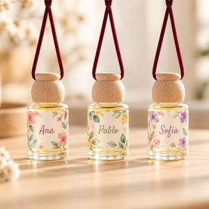 Peut inclure: Trois petits flacons diffuseurs de parfum pour voiture en verre avec bouchons en bois et cordons de suspension bordeaux. Chaque flacon porte une étiquette florale avec les prénoms Ana, Pablo et Sofia inscrits en écriture cursive.