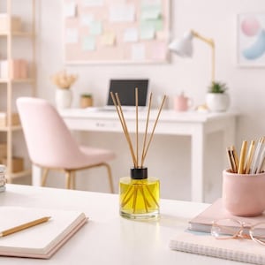 Può includere: Un diffusore in vetro trasparente con tappo nero e bastoncini di legno, riempito di liquido giallo. Il diffusore è su una scrivania bianca con un taccuino, una penna e altre forniture per ufficio. Lo sfondo comprende una scrivania, una sedia e una bacheca.