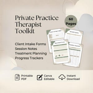May include: A digital toolkit for therapists, featuring Client Intake Forms, Session Notes, Treatment Planning, and Progress Trackers. The design includes a neutral color palette with green accents. The toolkit is a printable PDF, Canva editable, and available for instant download.