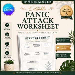 May include: A digital panic attack worksheet template featuring sections for triggers, physical symptoms, thoughts, emotions, behaviors, and coping strategies. The document includes text headers, lines for writing, and a small leaf illustration.