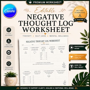 May include: A digital negative thought log worksheet template featuring sections for situation, automatic thoughts, emotions, evidence, and reflections. The document includes text labels for therapy, self-care, and mental wellness, with icons for editing, downloading, and printing.