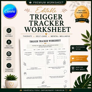 May include: A digital trigger tracker worksheet template featuring sections for tracking events, triggers, feelings, and reactions. The document includes text labels, checkboxes, and a scale from 0 to 10 for intensity, with a cream background and black text.