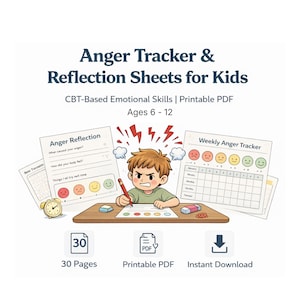 Puede incluir: Ilustración de hojas de seguimiento y reflexión de la ira para niños. La imagen incluye una caricatura de un niño escribiendo, con el texto "Anger Tracker & Reflection Sheets for Kids" y "Ages 6-12".
