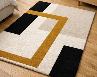 Geometric Modern Rug, Abstract Handmade Carpet, Luxury Contemporary Area Rug for Living Room Bedroom Handmade Tufted Designer Rug