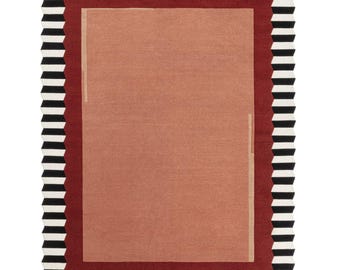 Modern Abstract Border Rug, Black White Striped Designer Rug, Terracotta Center Area Rug, Contemporary Statement Carpet