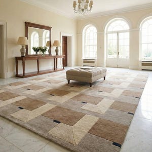 Modern geometrisk matta, neutral beige ullmatta, modern vardagsrumsgolvdekor, handtuftad designermatta, minimalistisk hemmatta