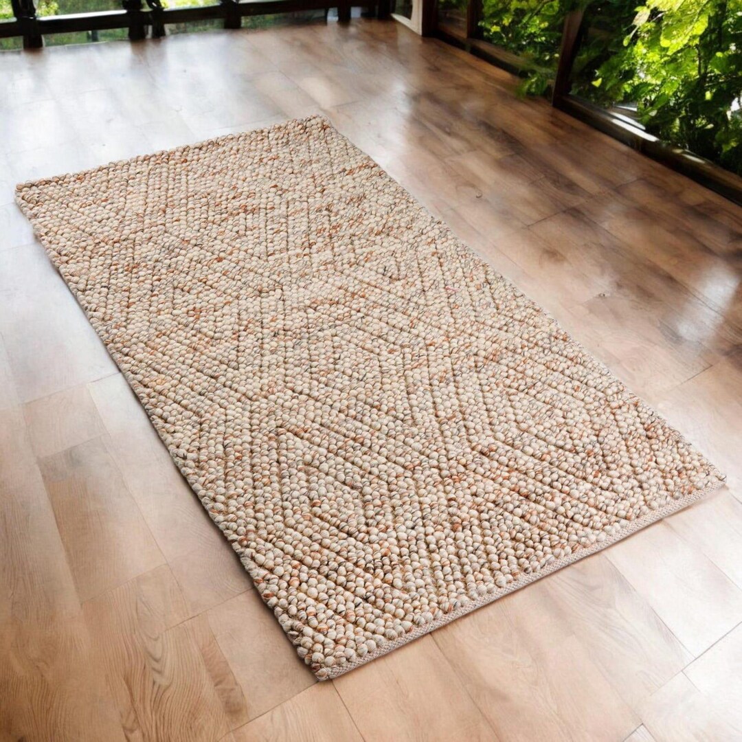 Handwoven Chunky Wool Rug, Pebble Texture Area Rug, Neutral Beige Wool ...