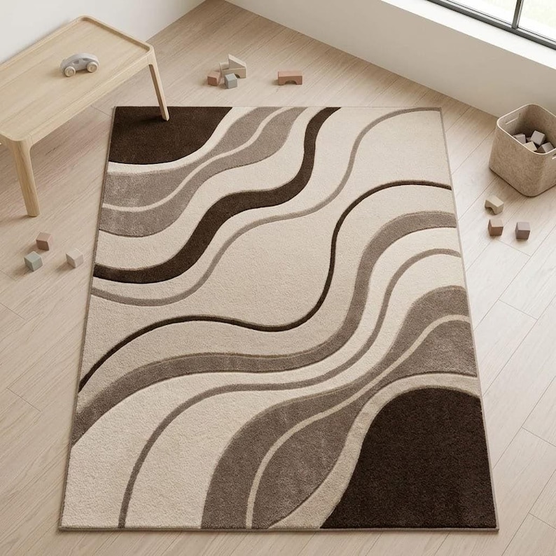 Light Neutral Rug Handmade Tufted Wool Rug, Abstract Wave Pattern, Neutral Beige Brown ...