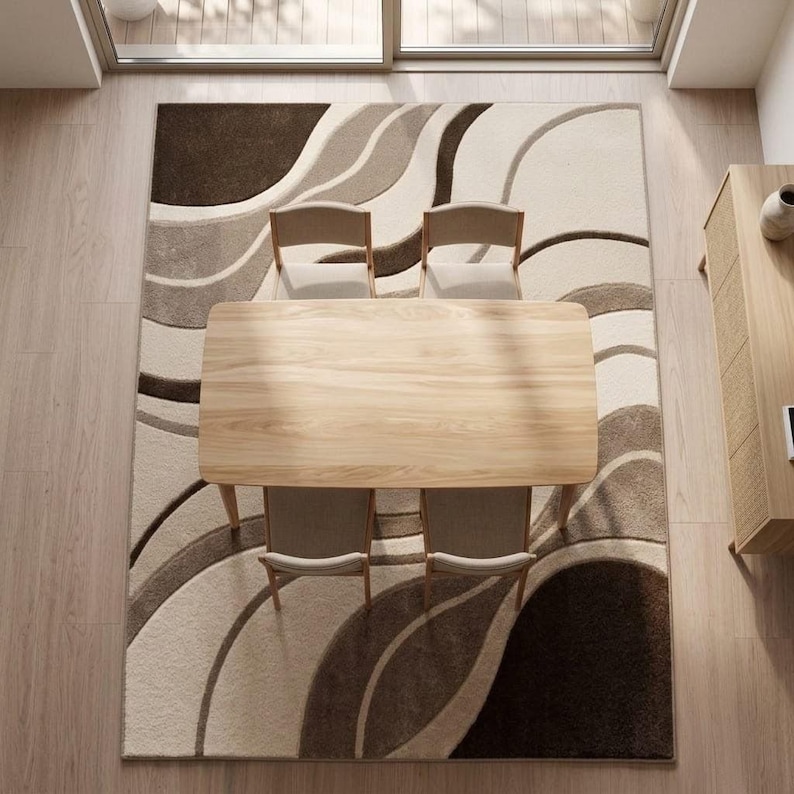 Light Neutral Rug Handmade Tufted Wool Rug, Abstract Wave Pattern, Neutral Beige Brown ...
