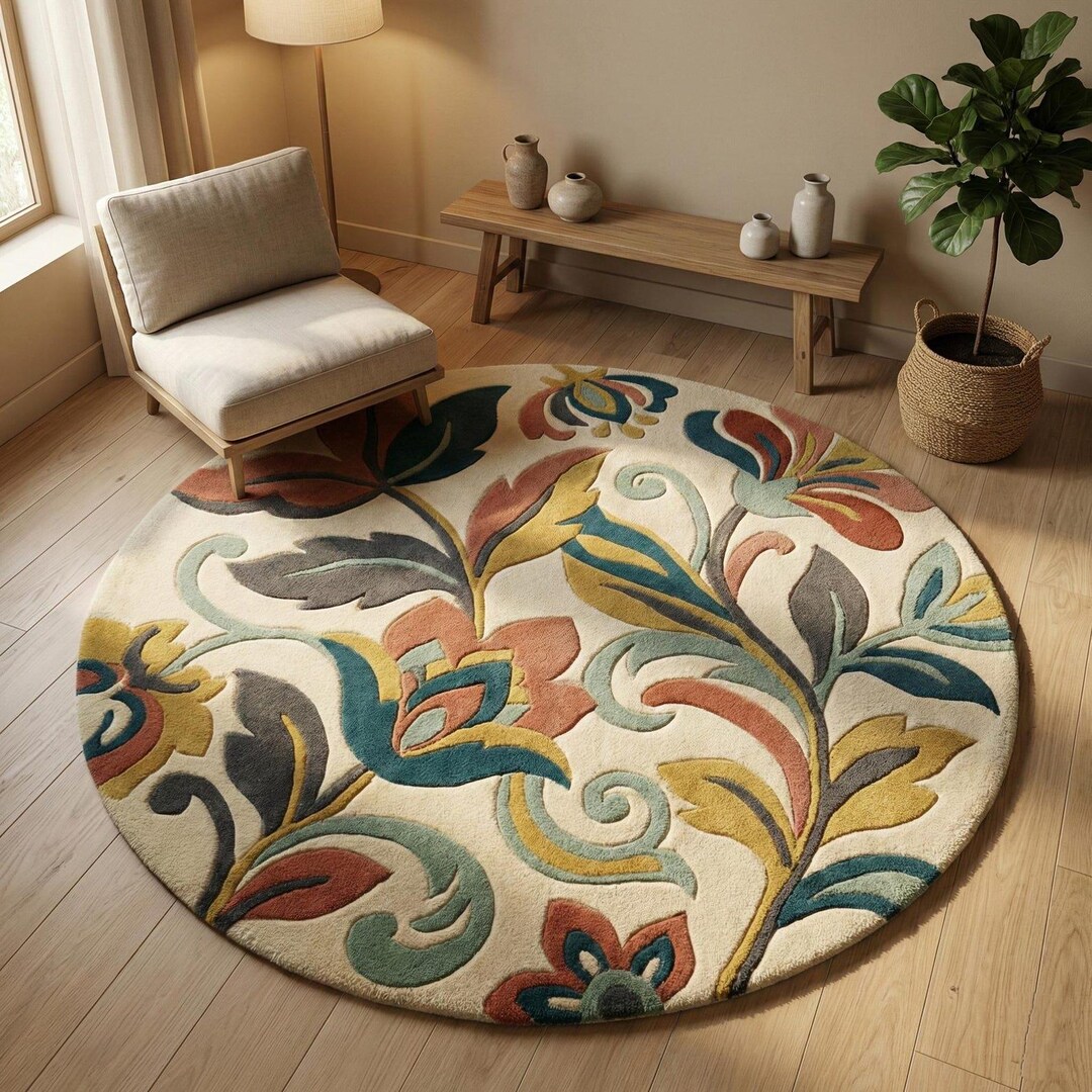 Hand Tufted Wool Round Rug, Floral Boho Area Rug, Colorful Botanical ...