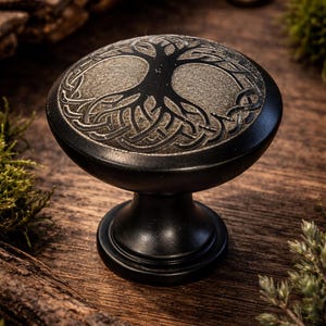 Celtic Tree of Life Engraved Cabinet Knob – Black Matte Drawer Pull – Norse Rune Decor – Witchy Kitchen Hardware – Custom Engraved Knob
