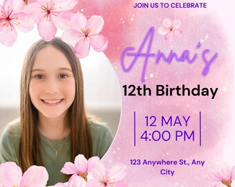 可愛らしい花柄の誕生日パーティー招待状 | DIY Canvaテンプレート | 12歳の誕生日招待状。