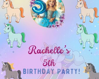 ユニコーンの誕生日招待状テンプレート | 編集可能な女の子向けパーティー招待状 | パステルレインボーの誕生日カード | デジタル写真招待状