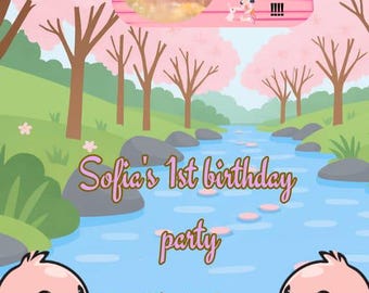 ピンクのアヒルの1歳の誕生日招待状テンプレート | かわいい女の子の1歳の誕生日パーティー招待状 | 編集可能なCanva写真誕生日招待状 | アヒルテーマ